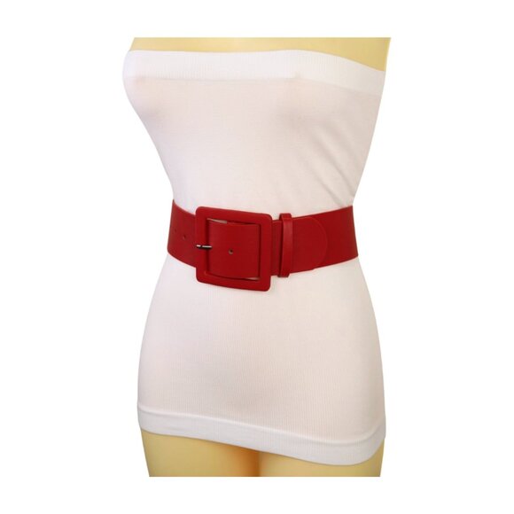 Women Red Faux Leather Waistband Fashion Belt Hip Waist Big Square Buckle M L - Picture 15 of 16